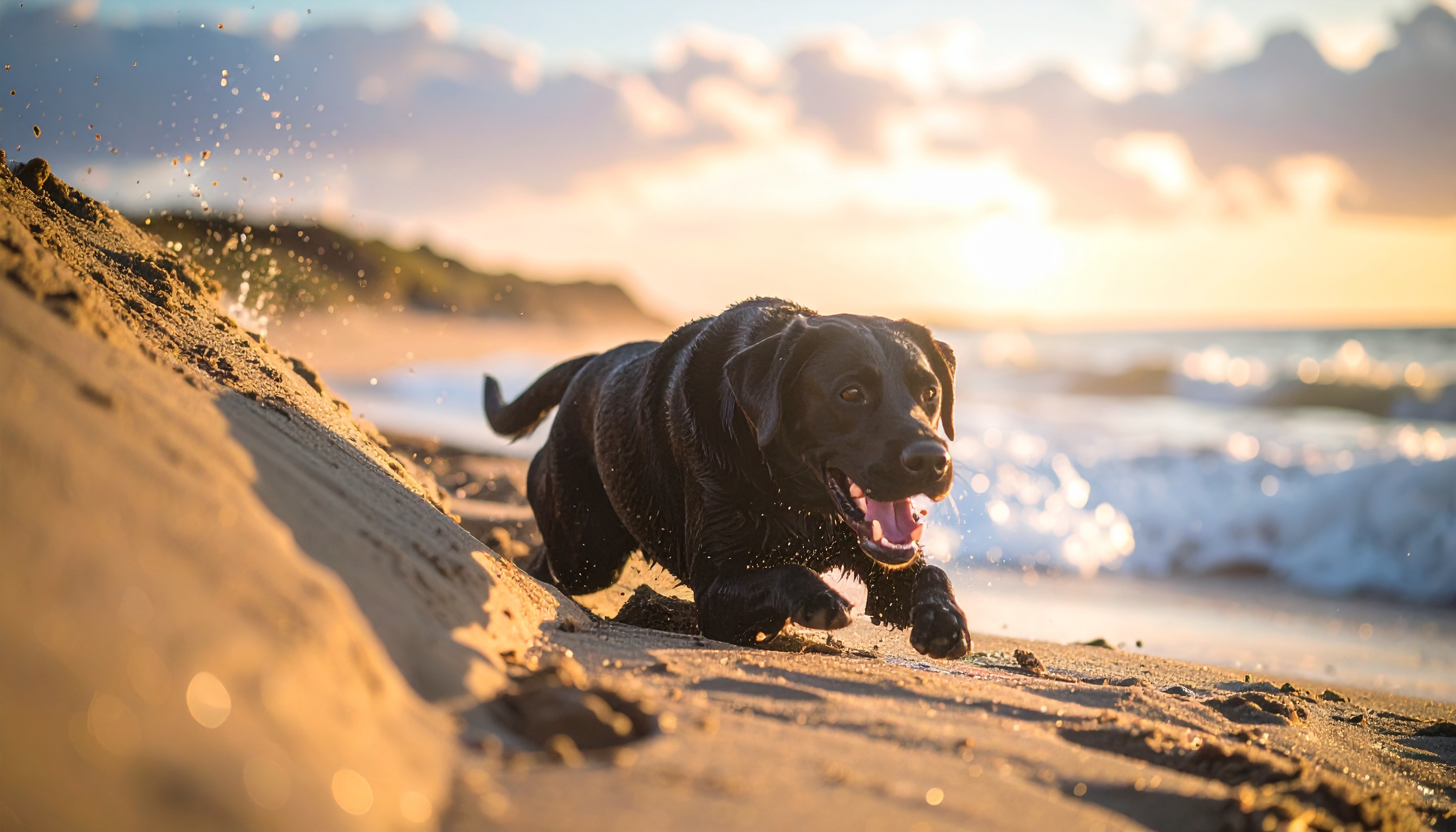Cão labrador preto corre alegremente na praia ao pôr do sol, com ondas e areia voando ao redor, transmitindo energia e liberdade em um cenário natural deslumbrante.